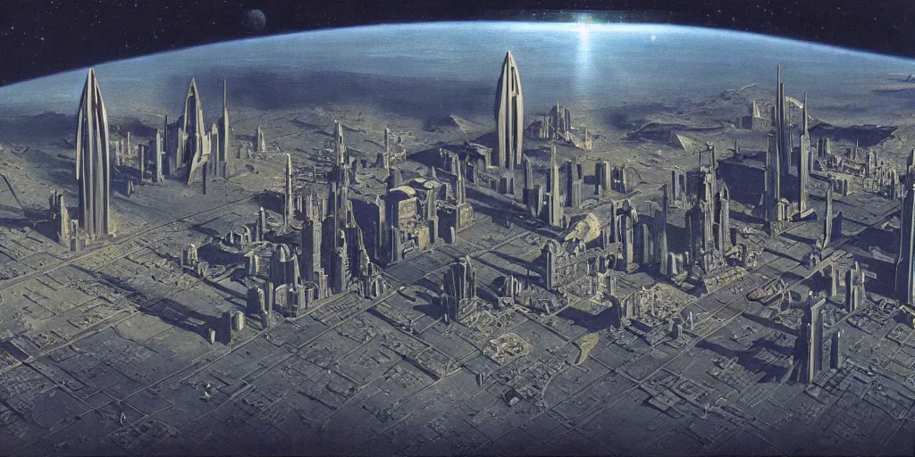 Image similar to a city in space made by chesley bonestell, highly detailed,
