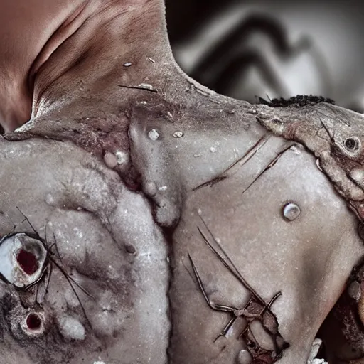 Prompt: post apocalyptic cancer wounds, ultra detailed, from close up, with depth of field, in a filmic lighting,