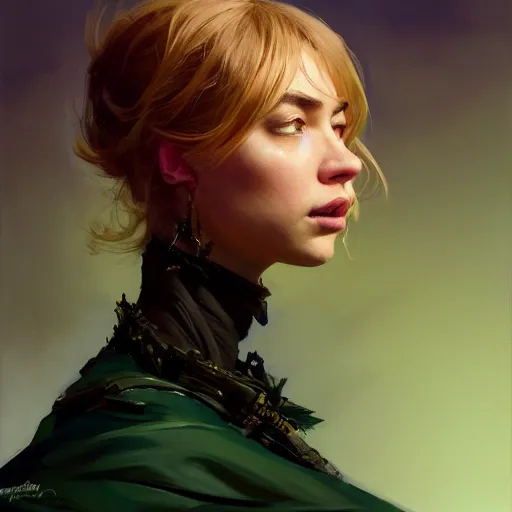 Image similar to side portrait of imogen poots, deathknight, matte painting, bold shapes, hard edges, octane render, trending on artstation, sickly green backlit glow, by greg manchess, huang guangjian, gil elvgren, sachin teng, greg rutkowski, jesper ejsing, ilya kuvshinov, cushart krenz