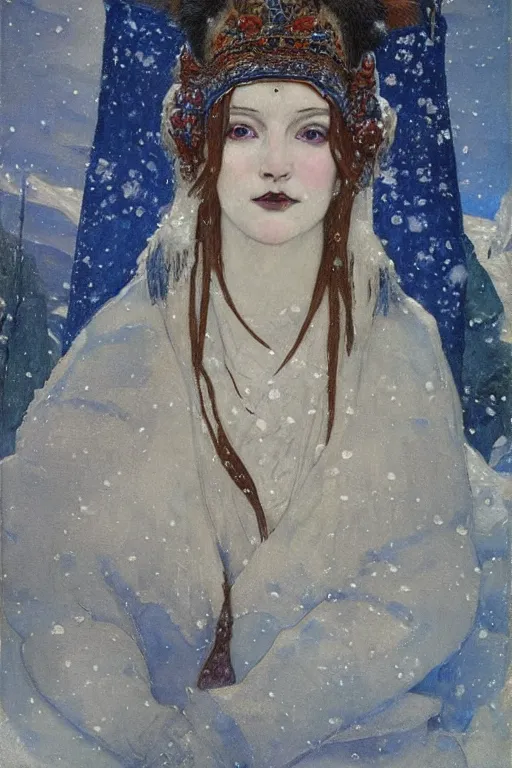 Prompt: goth queen of winter in the snow by Annie Swynnerton and Nicholas Roerich, strong dramatic cinematic lighting , ornate headdress , flowing robes, lost civilizations, smooth, sharp focus, extremely detailed