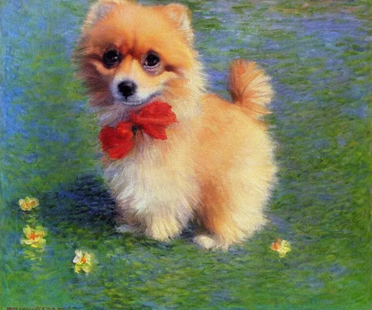 Image similar to pomeranian, cute, monet, oil painting