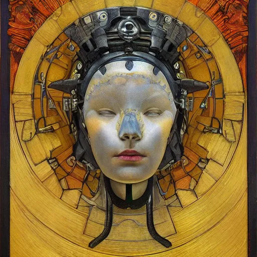 Prompt: the robot queen with her bird mask, by annie swynnerton and diego rivera and elihu vedder, symbolist, dramatic lighting, elaborate geometric ornament, head and shoulders, art brut, soft cool colors, smooth, sharp focus, extremely detailed, adolf wolfli and donato giancola