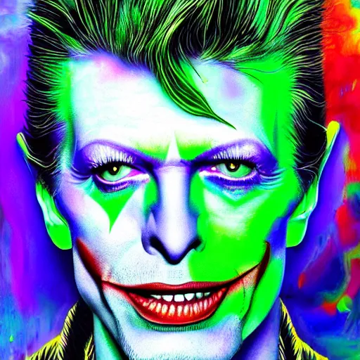 Image similar to an extremely psychedelic portrait of david bowie as the joker, surreal, lsd, face, detailed, intricate, elegant, lithe, highly detailed, digital oth, sharp focus, illustration,