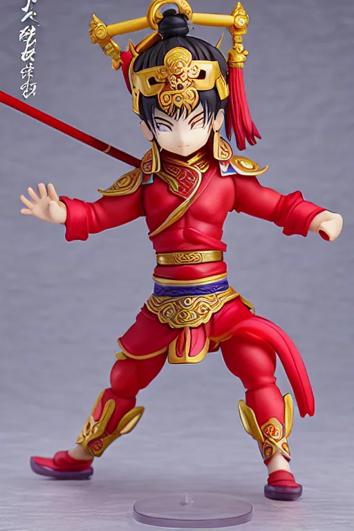 Image similar to arty chinese mythology ne zha nendoroid full body hyperdetalied, hero pose, osamu tezuka, macoto takahashi, chibi, q posket, 8 k realistic, 3 d, cryengine, exquisite, red cloth around his shoulders, hold spear, ne zha ( 2 0 1 9 ), fenghua zhong,