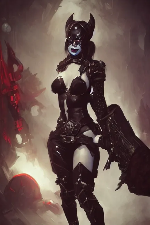 Image similar to portrait of dark eldar Harley Quinn in bikini armor, dc comics, cyberpunk, Warhammer 40000, dark fantasy, digital art from artstation by Ruan Jia and Mandy Jurgens and Artgerm and william-adolphe bouguereau