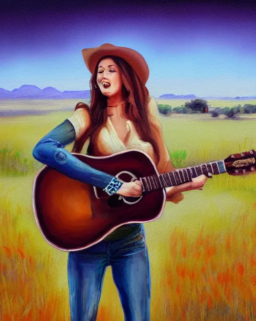 Image similar to a painting of a cowgirl playing a guitar and singing outdoors with texas hill - country in background, in the style of casey baugh, digital art