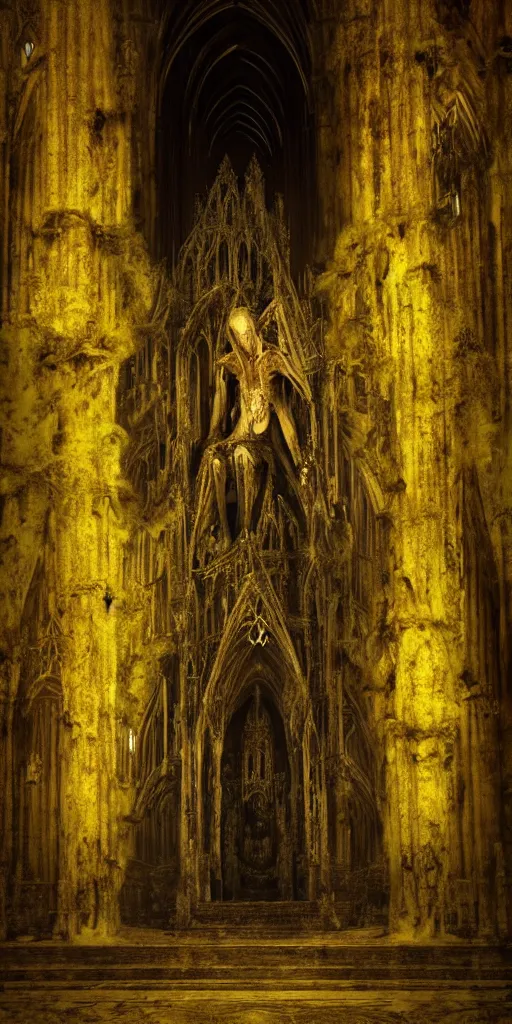 Image similar to a tall pale humanoid being sitting upon an ornate stone throne, 4K, digital art, horror, dramatic, wearing a long yellow rotting garment, dark, hyperrealistic, perspective, complex black church background with volumetric lights coming in through cathedral windows, dark background, highlights,