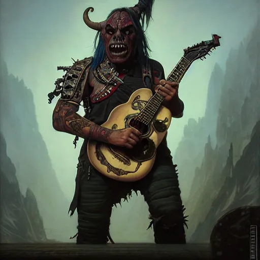 Prompt: portrait painting of a punk orc bard with a guitar, ultra realistic, concept art, intricate details, eerie, highly detailed, photorealistic, octane render, 8 k, unreal engine. art by artgerm and greg rutkowski and charlie bowater and magali villeneuve and alphonse mucha