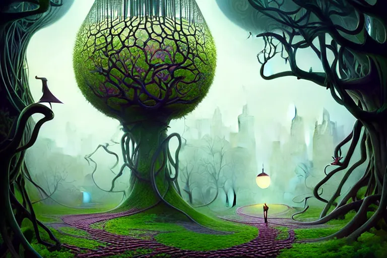 Prompt: an epic elegant mysterious beguiling masterpiece fantasy matte painting of an impossible path winding through forest dream worlds with surreal architecture designed by heironymous bosch, structures inspired by heironymous bosch's garden of earthly delights, surreal root interiors by cyril rolando and asher durand and natalie shau, insanely detailed, whimsical, intricate, sharp focus, elite