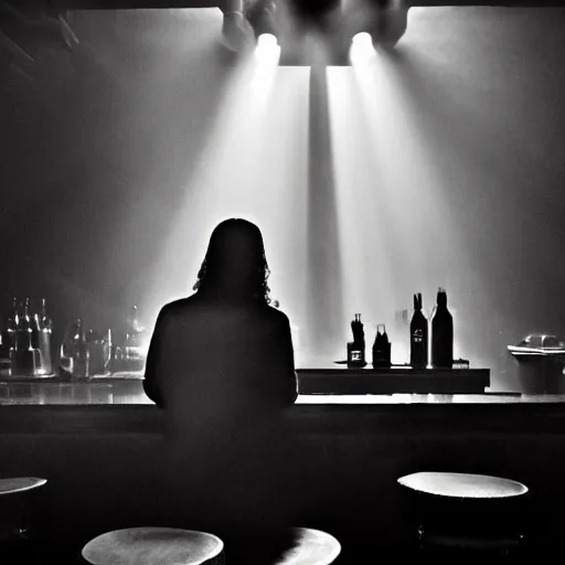 Image similar to a still of jesus sitting down on a stool at the bar, last call. it's dark and smoky. god rays through fog.