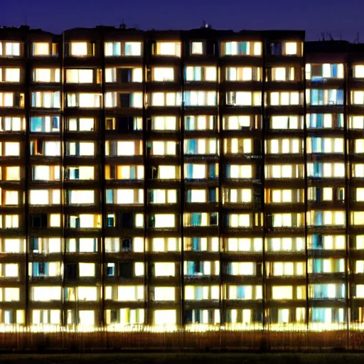 Image similar to An average post-soviet Polish residential block at night, only one window is lit, dark