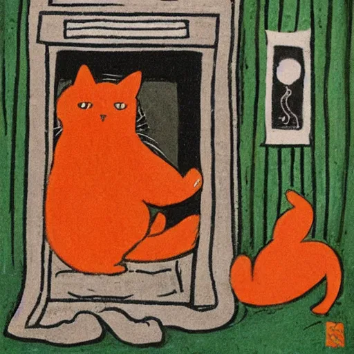 Image similar to by tove jansson, an orange cat crossing in front of a dim doorway, comic