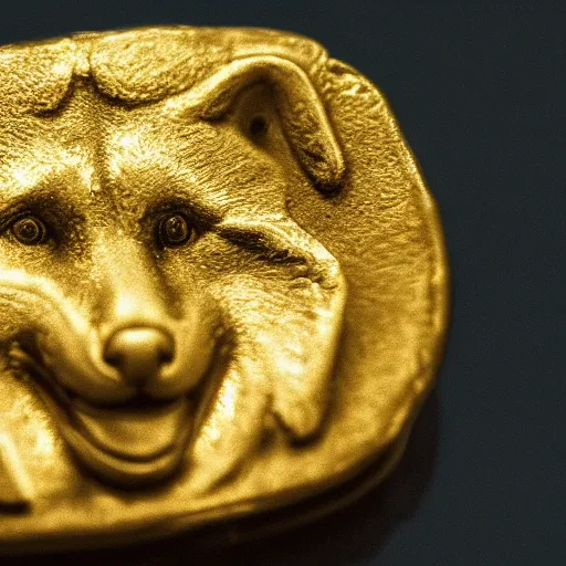 Image similar to an ancient roman gold coin with the face of a shiba inu, close up photo, ultra realistic, studio photo, bokeh. intricate details.