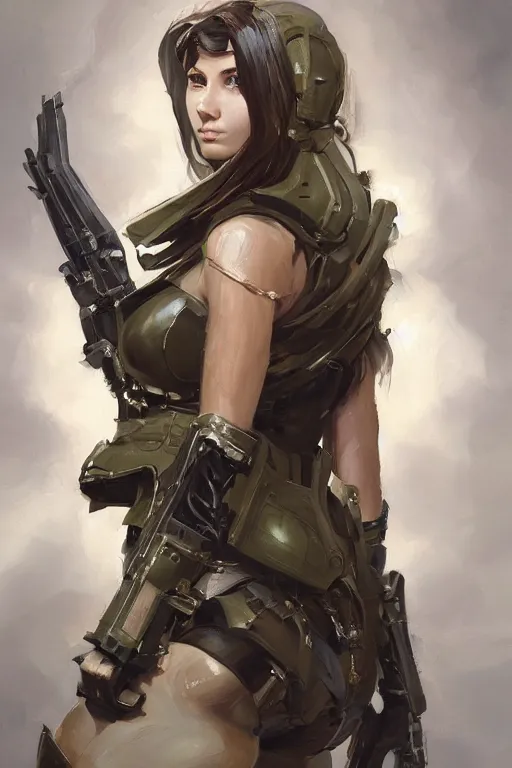 Image similar to a professionally painted portrait of an attractive young woman, clothed in military armor, olive skin, long dark hair, beautiful bone structure, symmetrical facial features, intricate, elegant, digital painting, trending on Artstation, concept art, smooth, sharp focus, illustration, from Metal Gear by Ruan Jia and Mandy Jurgens and Artgerm and William-Adolphe Bouguerea, award winning