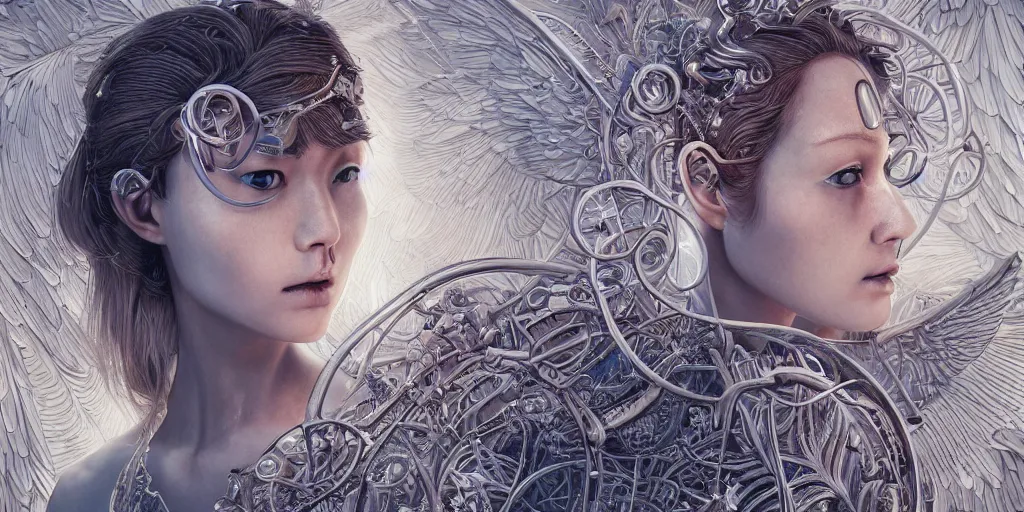 Image similar to hyperrealistic photography of a highly detailed and symmetrical gorgeous nordic female angel constructing a time machine in the style of Jin Kagetsu, James Jean and wlop, highly detailed, masterpiece, award-winning, sharp focus, intricate concept art, ambient lighting, 8k, artstation