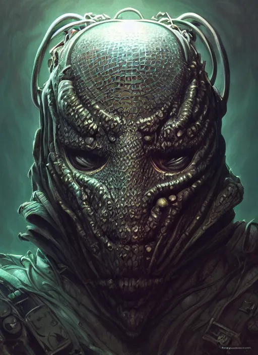 Prompt: cyberpunk hp lovecraft monster mf doom reptile eyes, dark metallic skin, highly detailed, centered, digital painting, artstation, concept art, smooth, sharp focus, illustration, artgerm, tomasz alen kopera, peter mohrbacher, donato giancola, joseph christian leyendecker, wlop, frank frazetta