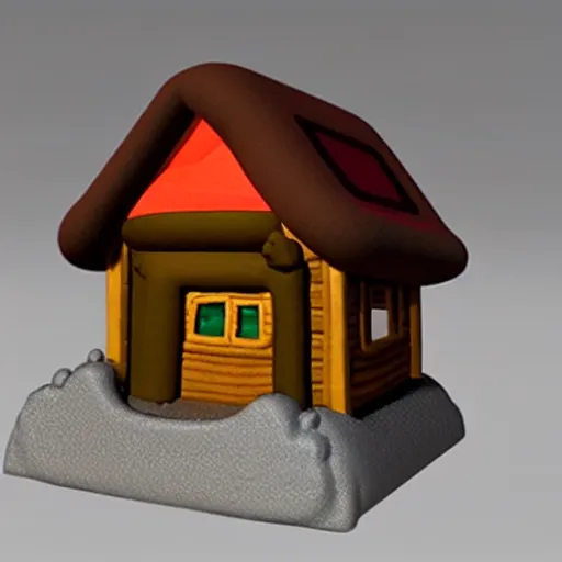 Image similar to cute clay model 3 d printed isometric cozy winter cabin at twilight, nintendo art