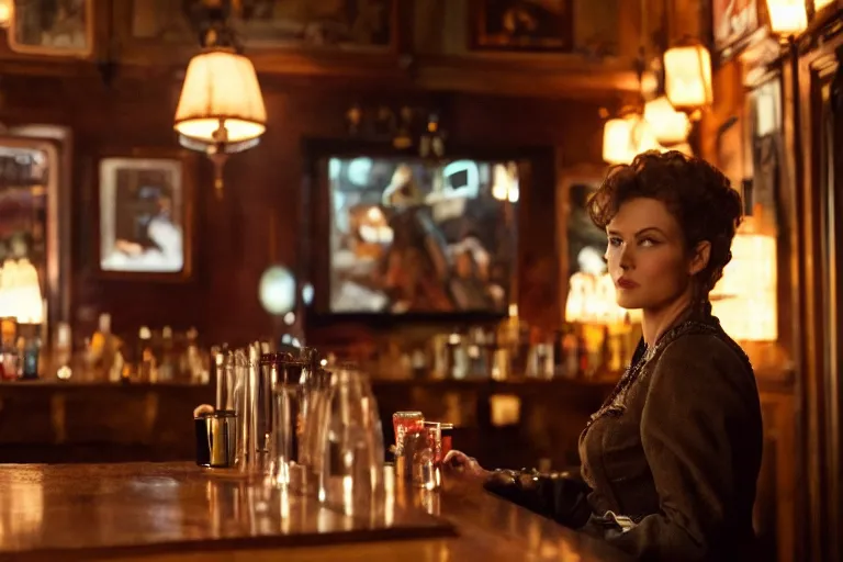 Image similar to cinematography of a beautiful cyborg woman in a vintage western bar alone asking for a drink by Emmanuel Lubezki