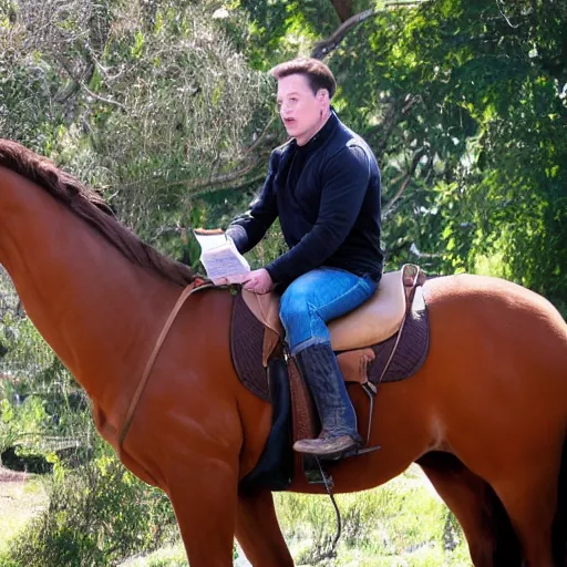 Image similar to elon musk riding a horse while reading a book, hd photograph