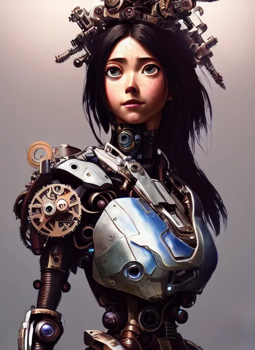 Prompt: portrait of alita, robot steampunk, floral! horizon zero dawn machine, intricate, elegant, highly detailed, ray tracing, digital painting, artstation, concept art, smooth, sharp focus, illustration, art by artgerm and greg rutkowski and alphonse mucha, 8 k