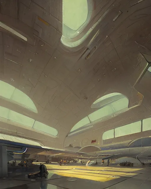 Image similar to a highly detailed epic cinematic concept art CG render digital painting artwork: retro futuristic Airport. By Greg Rutkowski, in the style of Francis Bacon and Syd Mead and Norman Rockwell and Beksinski, open ceiling, highly detailed, painted by Francis Bacon and Edward Hopper, painted by James Gilleard, surrealism, airbrush, Ilya Kuvshinov, WLOP, Stanley Artgerm, very coherent, triadic color scheme, art by Takato Yamamoto and James Jean