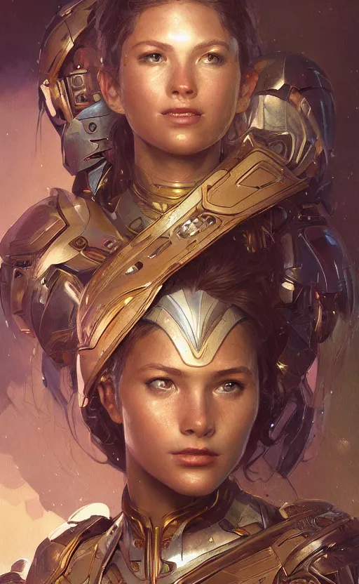 Prompt: portrait of a young girl goddess, technological armor, science fiction, confident, intricate, headshot, highly detailed, digital painting, artstation, concept art, sharp focus, cinematic lighting, illustration, art by artgerm and greg rutkowski, alphonse mucha, cgsociety