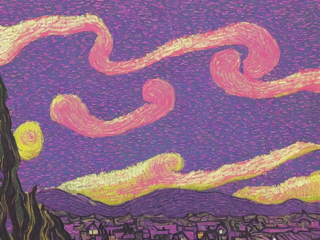 Prompt: pink starry night by van gogh, pink, pink