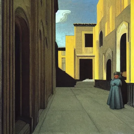 Prompt: in the distance, a little girl with short black hair and wearing a yellow coat alone in the inner courtyard of an abbey, there is a fantoin with a female face in the back, the light is bright and wintry, painting by hopper and de chirico