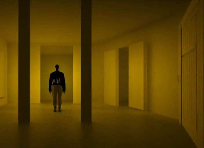 Image similar to man in a luminous yellow [ liminal room ]!!, 4 k photorealism, horror - esque, eerie atmosphere, dark - bright lighting