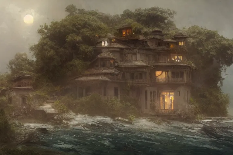 Prompt: a profoundly exotic home sitting amongst a rabid landscape weeping with sorrows and anxiety, overlooking a lively beach, digital painting by greg rutkowski and gaston bussiere, cgsociety contest winner, heavily overcast sky, dimly sad atmosphere, intricately defined, zbrush, comprehensive art, 4 k