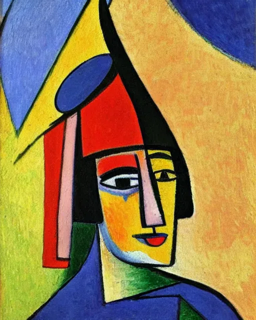 Prompt: a painting of a woman wearing a hat, a cubist painting by alexej von jawlensky, featured on deviantart, synthetism, picasso, cubism, fauvism