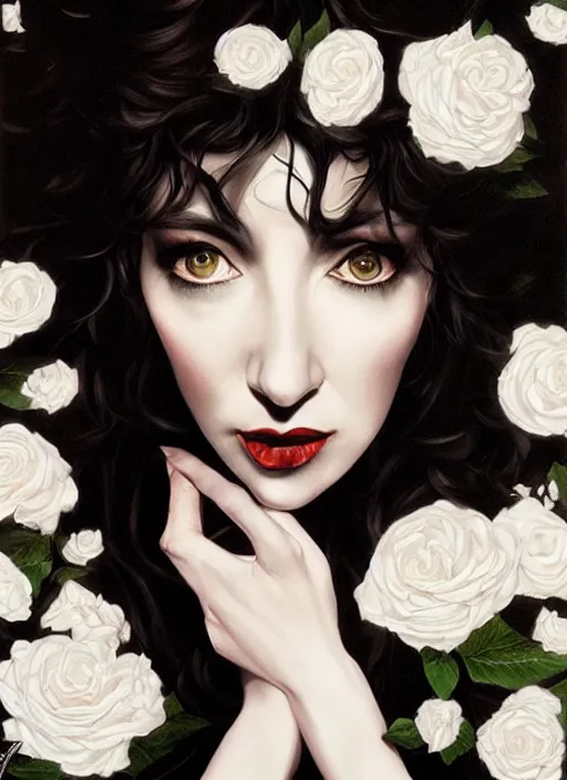 Image similar to portrait of kate bush against a velvet background, lush black hair, pale skin, white roses, flowing material, intricate, beautiful cinematic lighting, stunning painting by artgerm, caravaggio, android jones, wadim kashin