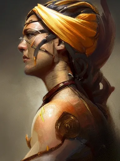 Prompt: a warry injuried warrior, its head bandaged.. intricate, elegant, highly detailed, digital painting, artstation, concept art, sharp focus, illustration, by justin gerard and artgerm, 8 k