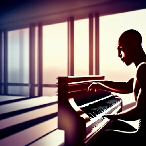 Image similar to a cyborg playing the piano in a futuristic apartment, award winning art, 4k, highly detailed, sharp focus, cinematic lighting, smooth