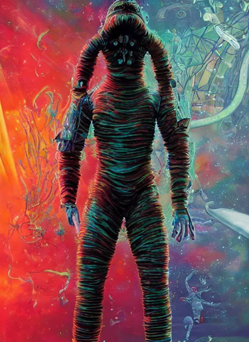 Image similar to astronauts in the dark infinite underwater void - complex and hyperdetailed technical suit, fabric material. reflection and dispersion materials. rays and dispersion of light. volumetric light. wide angle, f / 3 2. noise film photo. flash photography. ultra realistic, wide angle. poster by wayne barlowe, hajime sorayama aaron horkey, craig mullins