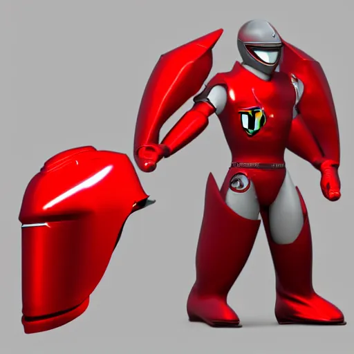 Prompt: Tokusatsu character based on Ferrari, red mechanical body, chest plate with Ferrari logo, stylized motorcycle helmet, unreal engine, sci-fi, 3D model