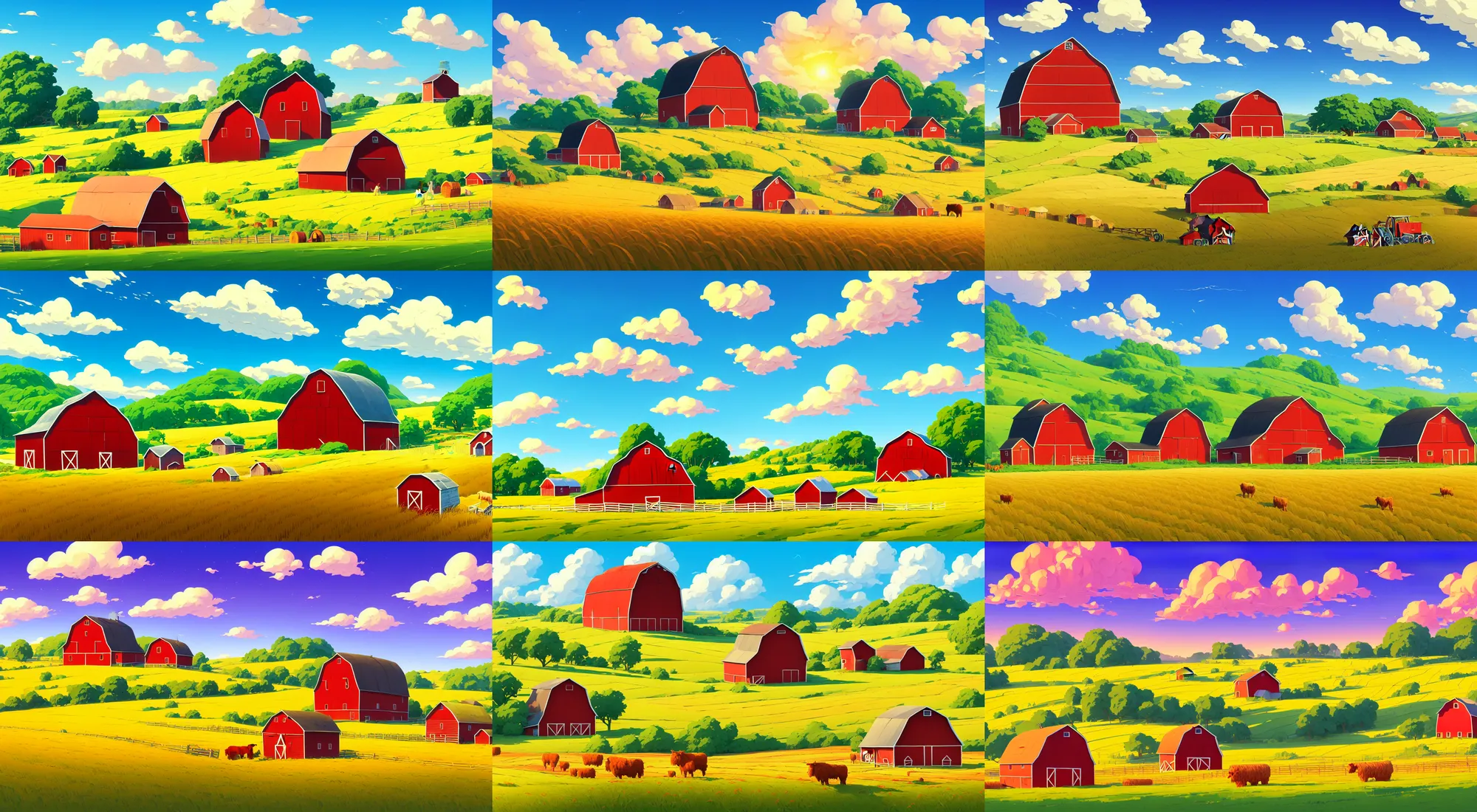 Prompt: Summer farm landscape vector background, one red barn and one mill in the summer field with haystacks, vector illustration, in marble incrusted of legends heartstone official fanart behance hd by Jesper Ejsing, by RHADS, Makoto Shinkai and Lois van baarle, ilya kuvshinov, rossdraws global illumination