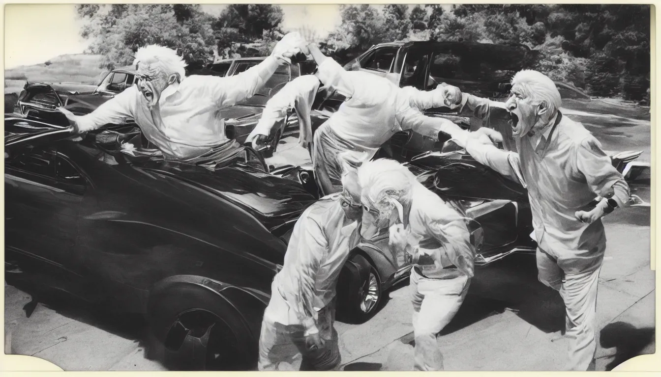 Prompt: old, scratched polaroid picture of old white haired man yelling and throwing hands at chrysler 3 0 0 c very detailed, 8 k