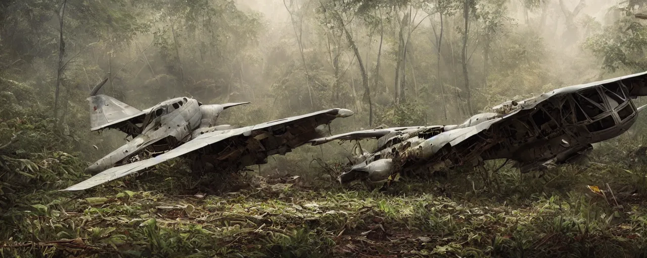 Image similar to an intricate concept art of a crashed military plane in the middle of a bamboo jungle, artstation, sci - fi, hyper realistic, concept art, art by dylan cole, cinematic lighting, octane render