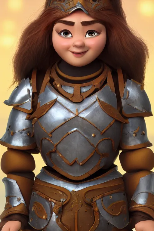 Prompt: fantasy dwarf woman with iron plate armor with long braids | stylised | short and stocky broad body| big nose | art style of disney pixar movie | HD 8k | rendered by octane