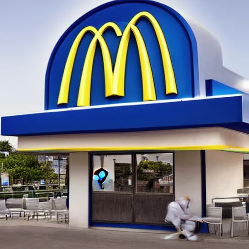 Prompt: McDonald's Restaurant, Blue themed, blue colors, 4k, realistic, award-winning photograph
