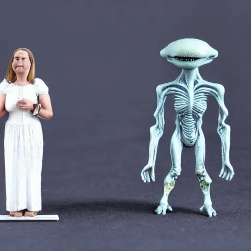 Image similar to Miniature of A woman stand next to an alien.