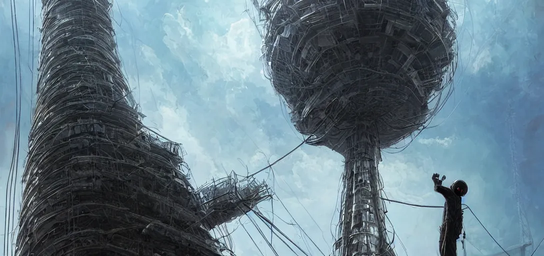 Prompt: Wireless Internet technician looking up from the base of a giant telecommunications tower, getting ready to climb and replace radio. Post apocalypitic landscape, dystopia. james gurney, james jean, greg rutkowski, anato finnstark. hyper detailed, 35mm, hazy atmospheric lighting volumetric