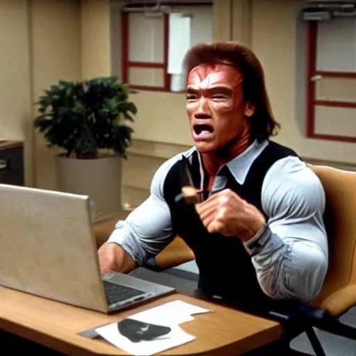 Prompt: arnold schwarzenegger as conan the barbarian sitting at a desk, as an office worker, in an office, inside an office building, sitting at a desk, angrily shouting at a laptop, angry at laptop, laptop computer, crisp lighting, corporate photography