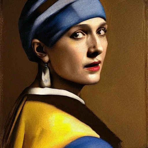 Image similar to painting of Henry Cavill posed in the style of ‘Johannes Vermeer girl with a pearl earring’, hyperrealistic, moody lighting, golden hour