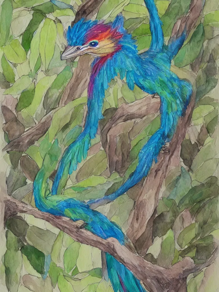 Image similar to A painting of a Resplendant Quetzal on a white background, watercolour, pastel colours,