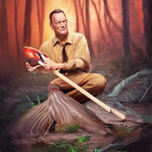 Prompt: Tom Hanks as forrest holding a giant shrimp on a stick over a campfire in the jungle, realistic digital painting, in the style of Aleksi Briclot, photoreailstic, realistic face, amazing detail, sharp