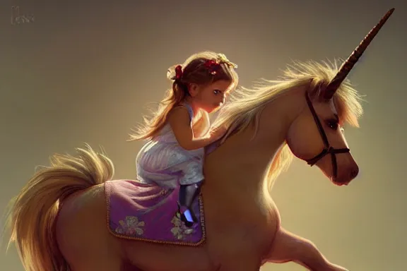 Prompt: little girl in pajamas riding a unicorn, realistic portrait, highly detailed, digital painting, artstation, concept art, smooth, sharp focus, illustration, cinematic lighting, art by artgerm and greg rutkowski and alphonse mucha