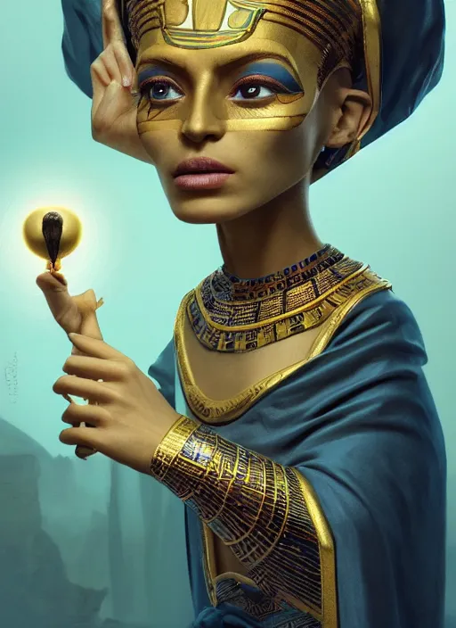 Image similar to an anthropomorphic beautiful female wizard of pharaoh holding magic wand portrait wearing robe, fine art, award winning, intricate, elegant, sharp focus, octane render, hyperrealistic, cinematic lighting, highly detailed, digital painting, 8 k concept art, art by jamie hewlett and z. w. gu, masterpiece, trending on artstation, 8 k