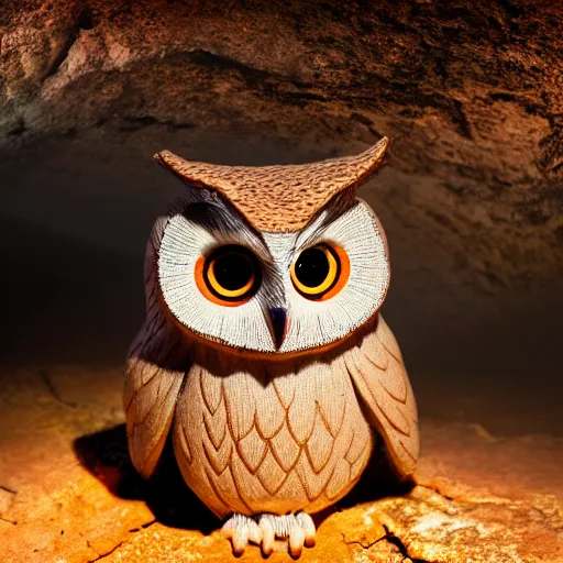 Prompt: a doll of an owl in a cave with a sunset, professional photo, professional lighting, HDR, trending on artstation